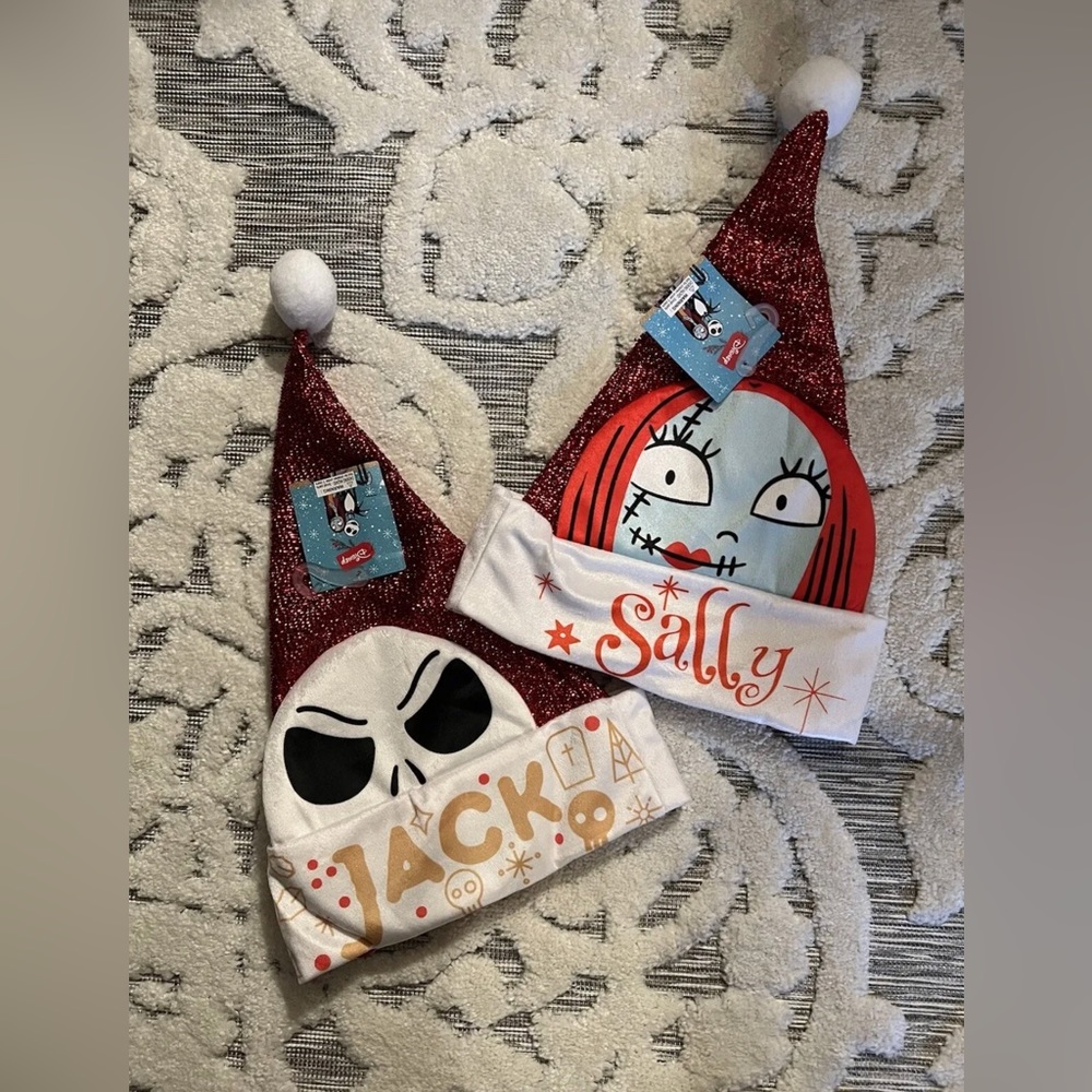 Nightmare Before Christmas sparkly Jack & Sally Santa hats Xmas 2022